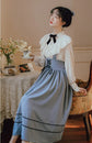 VINTAGE CUTE LACE BOW LANTERN SLEEVE SHIRT & BANDAGE STRIPE LONG SKIRT