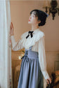 VINTAGE CUTE LACE BOW LANTERN SLEEVE SHIRT & BANDAGE STRIPE LONG SKIRT