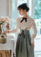 VINTAGE CUTE LACE BOW LANTERN SLEEVE SHIRT & BANDAGE STRIPE LONG SKIRT