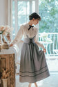 VINTAGE CUTE LACE BOW LANTERN SLEEVE SHIRT & BANDAGE STRIPE LONG SKIRT