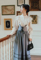 VINTAGE CUTE LACE BOW LANTERN SLEEVE SHIRT & BANDAGE STRIPE LONG SKIRT