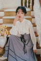 VINTAGE CUTE LACE BOW LANTERN SLEEVE SHIRT & BANDAGE STRIPE LONG SKIRT