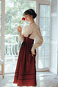 VINTAGE CUTE LACE BOW LANTERN SLEEVE SHIRT & BANDAGE STRIPE LONG SKIRT