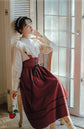 VINTAGE CUTE LACE BOW LANTERN SLEEVE SHIRT & BANDAGE STRIPE LONG SKIRT