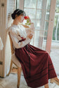 VINTAGE CUTE LACE BOW LANTERN SLEEVE SHIRT & BANDAGE STRIPE LONG SKIRT