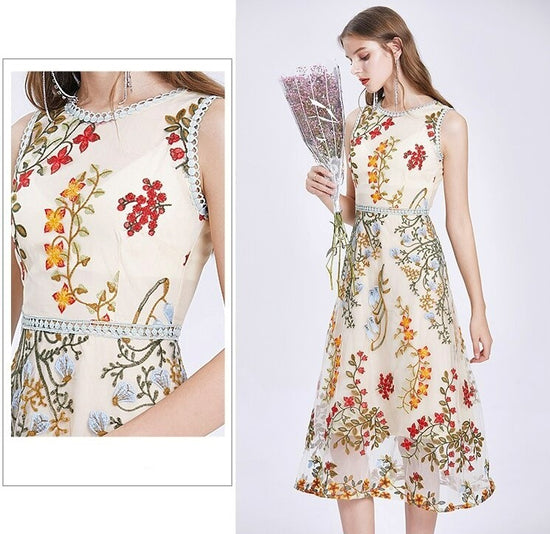 WOMEN SLEEVELESS SPARKLE FLOWER EMBROIDERY DRESS