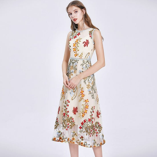 WOMEN SLEEVELESS SPARKLE FLOWER EMBROIDERY DRESS